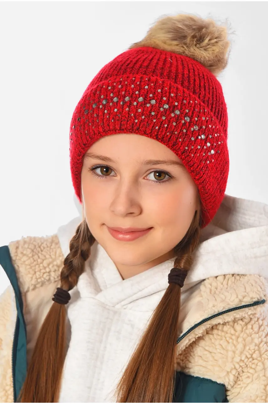Шапка детская теплая бордового цвета для девочки на 10-14 лет 153180