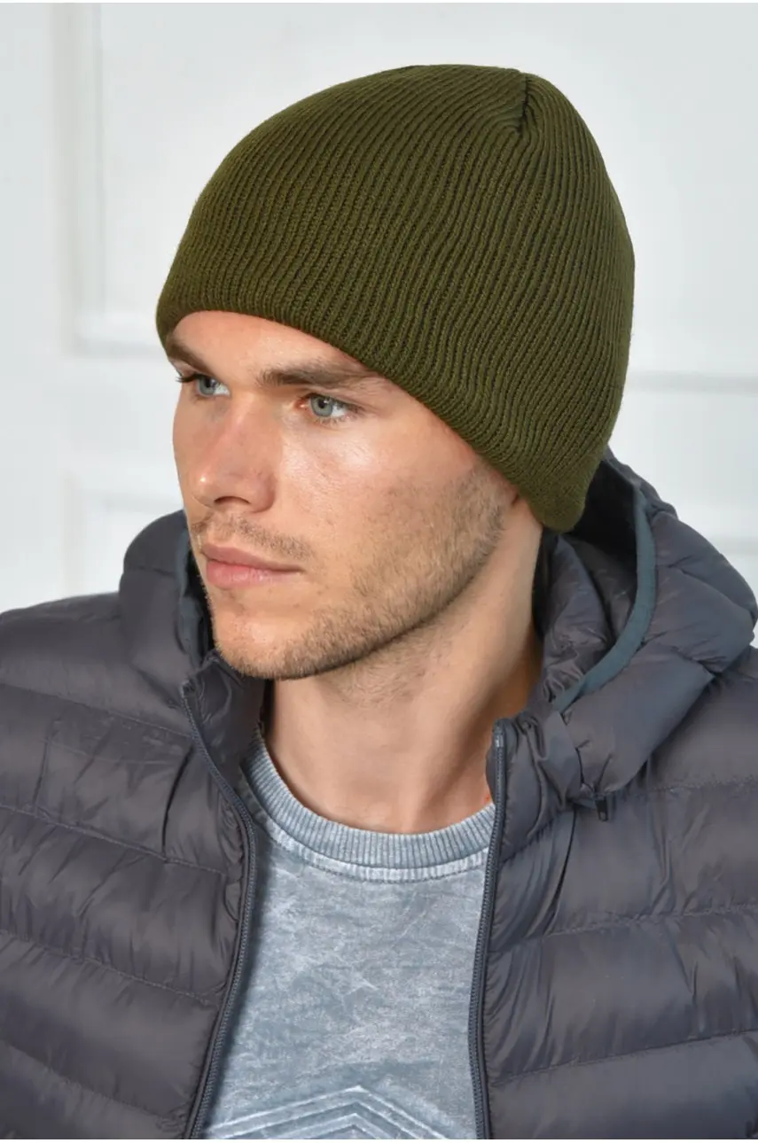 Шапка мужская на флисе темно-зеленого цвета 163752