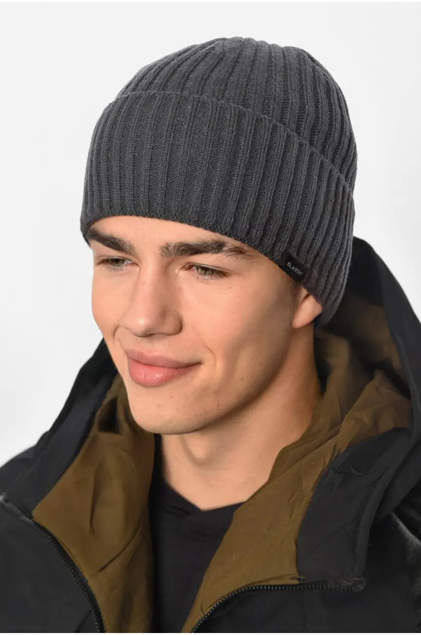 Шапка мужская с подворотом на флисе серого цвета 192419