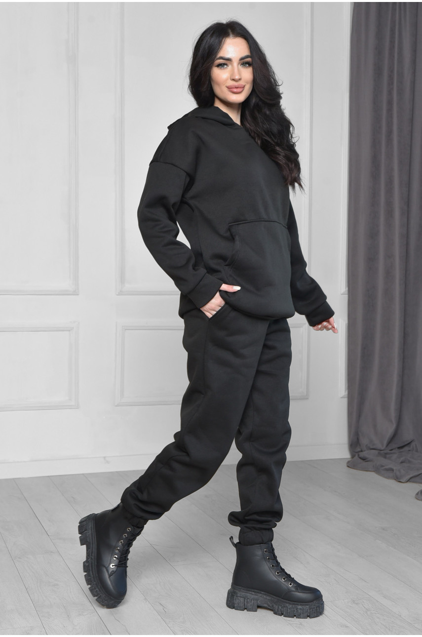 Спортивный костюм женский на флисе черного цвета 150796