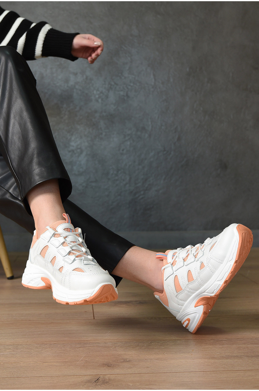Кроссовки женские белого цвета с оранжевыми вставками на шнуровке 93-2 153015