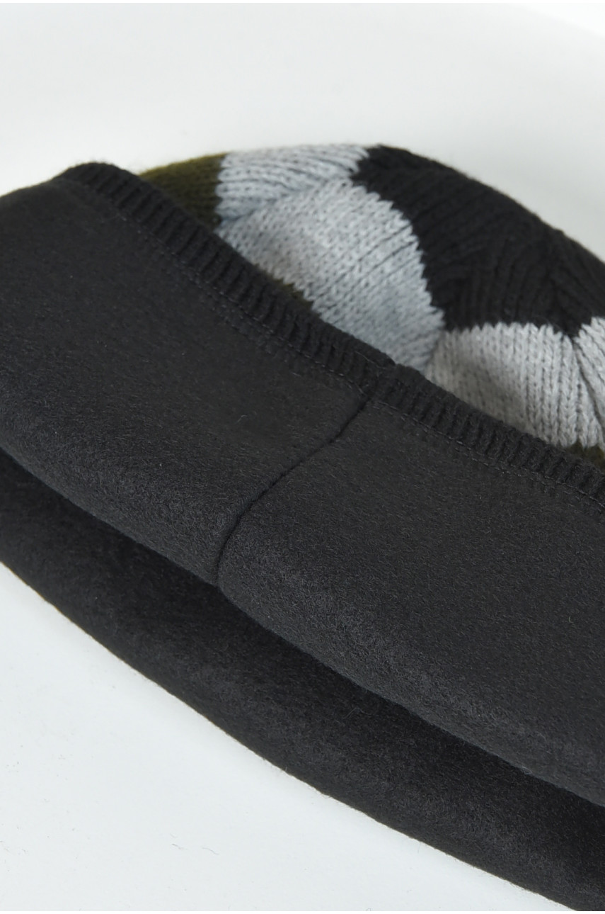 Шапка чоловіча на флісі в чорно-зелену смужку 163758