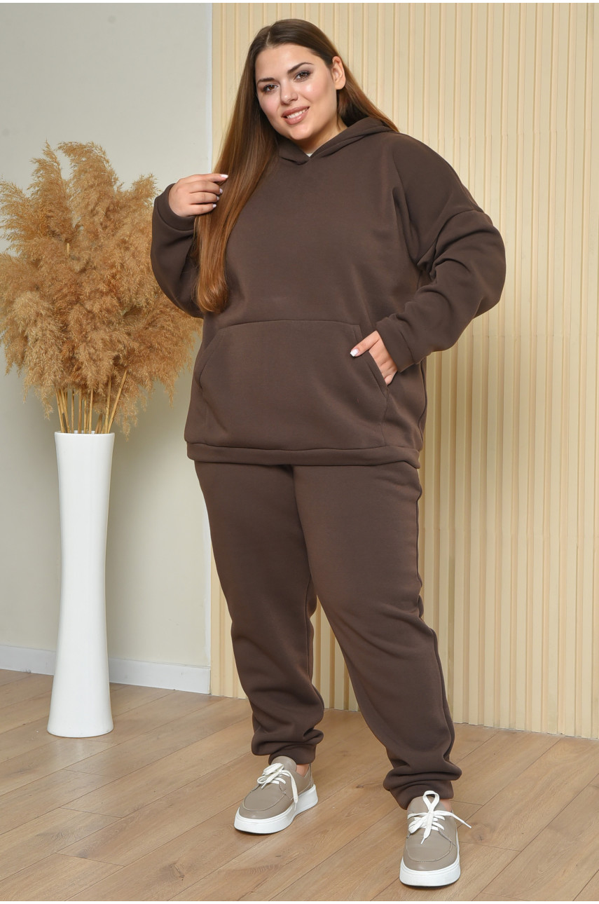 Спортивный костюм женский полубатальный на флисе коричневого цвета 888 165038