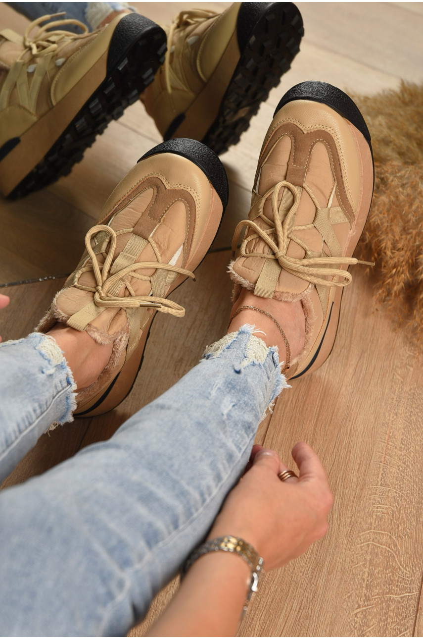 Кроссовки женские на меху бежевого цвета еврозима а222 170017 Кроссовки женские на меху бежевого цвета еврозима а222 170017