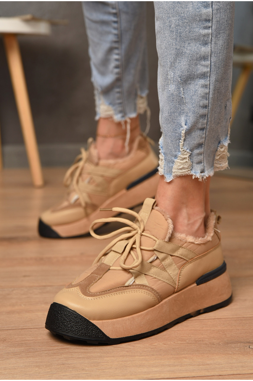 Кроссовки женские на меху бежевого цвета еврозима а222 170017 Кроссовки женские на меху бежевого цвета еврозима а222 170017