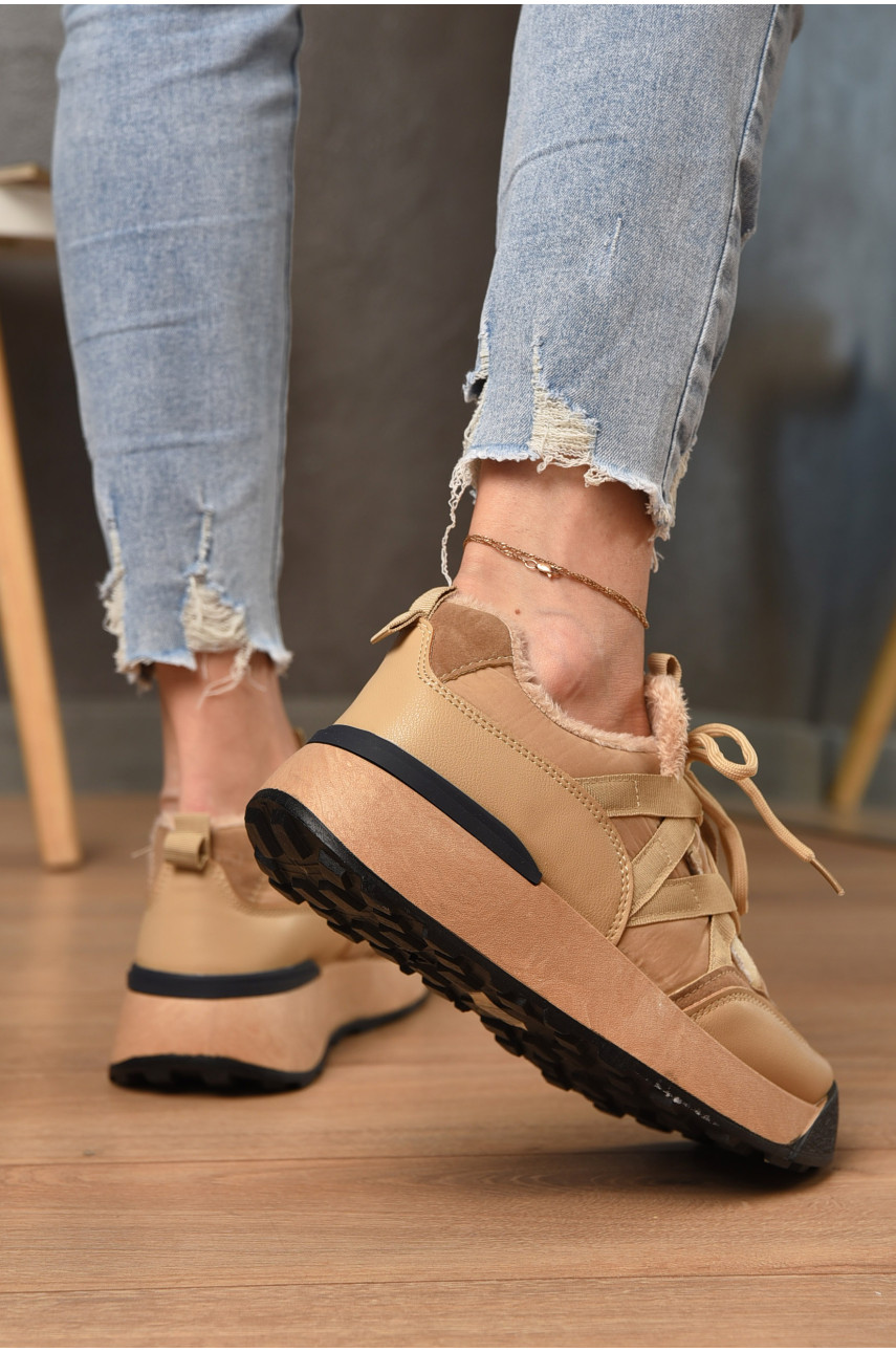 Кроссовки женские на меху бежевого цвета еврозима а222 170017 Кроссовки женские на меху бежевого цвета еврозима а222 170017