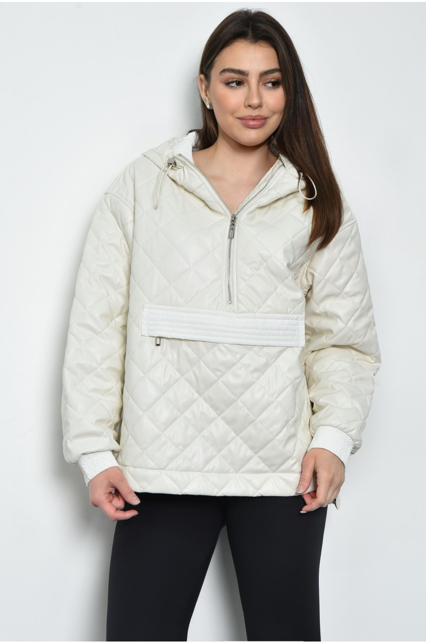 Куртка-анорак женская демисезонная полубатальная из экокожи белого цвета 3517 170783