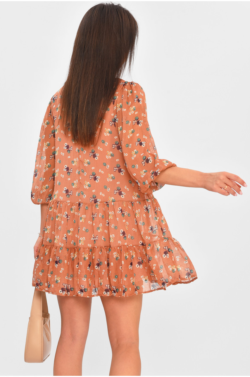 Платье женское шифоновое светло-коричневого цвета в цветочек т112 171419