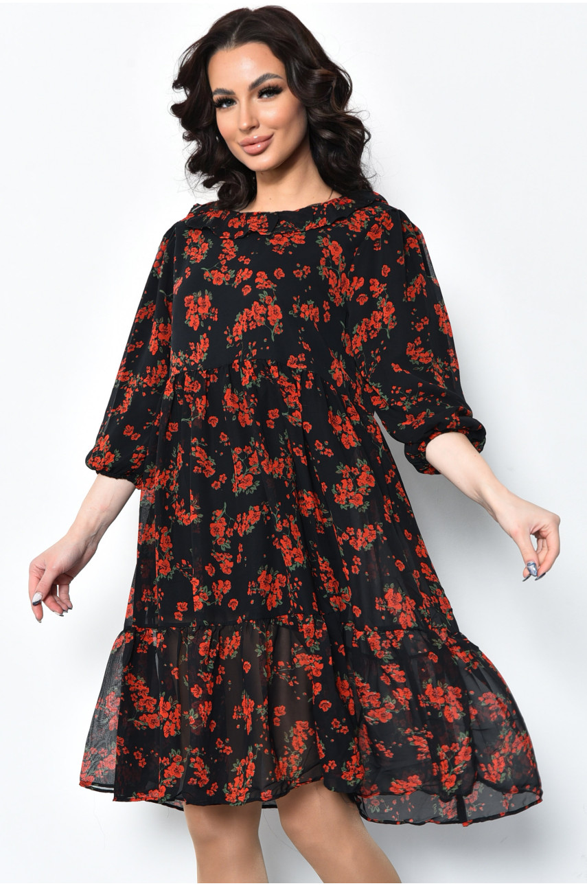 Сукня жіноча шифонова чорного кольору з червоними квітами 7033 171607