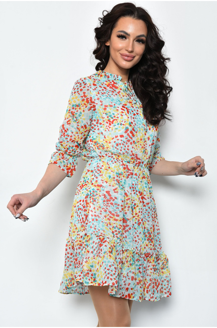 Платье женское шифоновое бирюзового цвета с разноцветными узорами 2008 171634