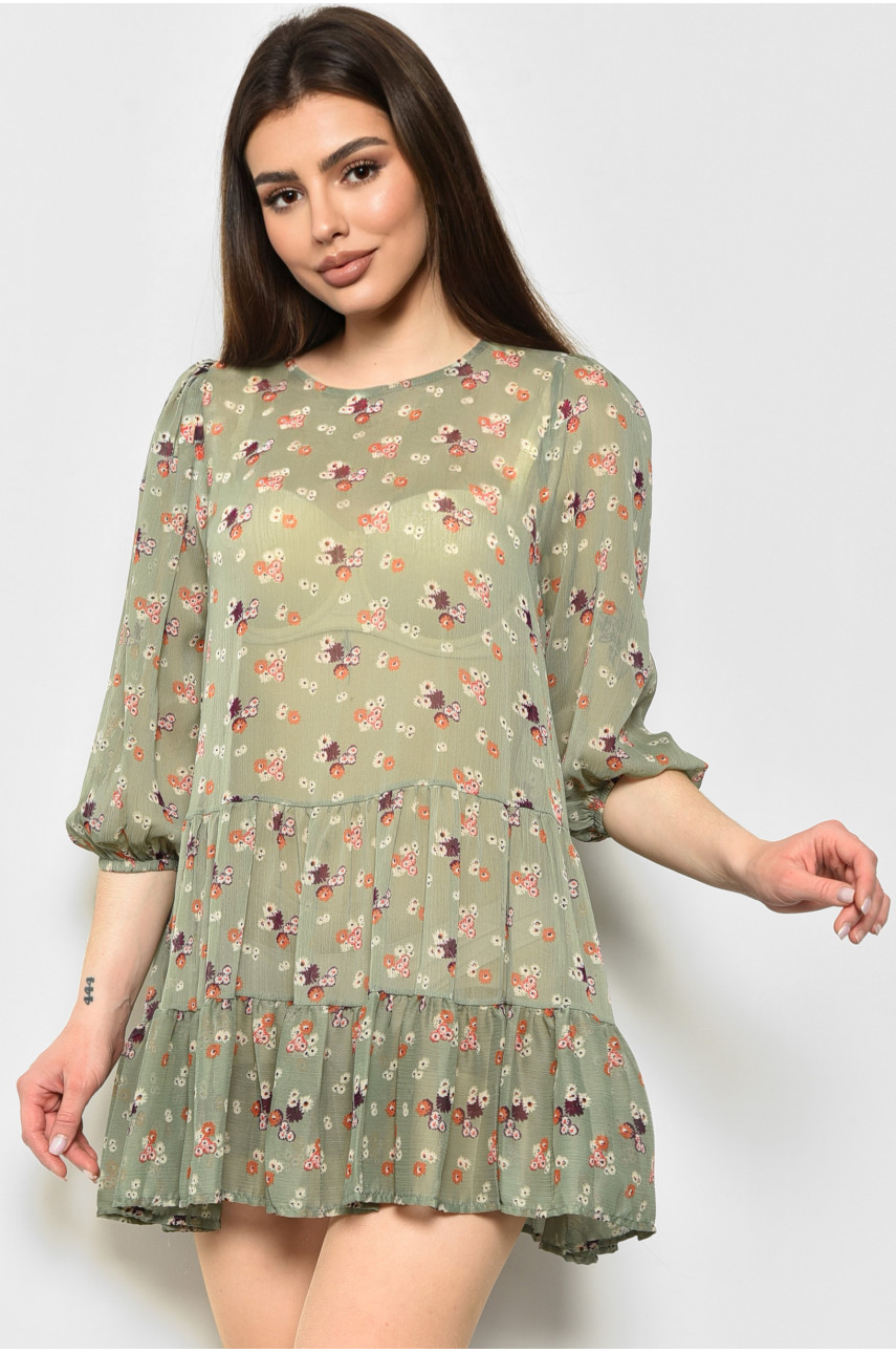 Платье женское шифоновое светло-зеленого цвета в цветочек т112 172131