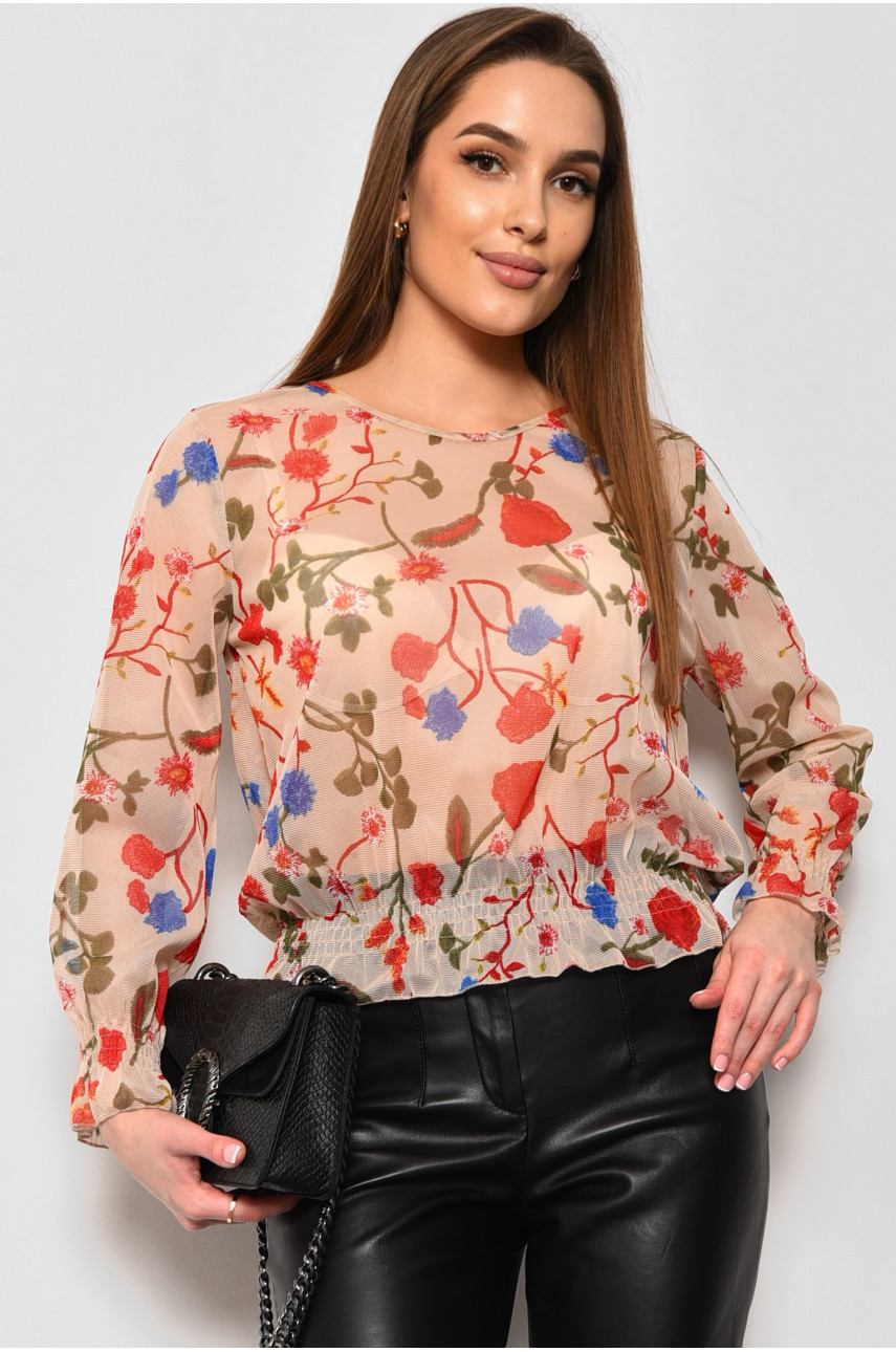 Блуза жіноча в сіточку з принтом бежевого кольору 173815