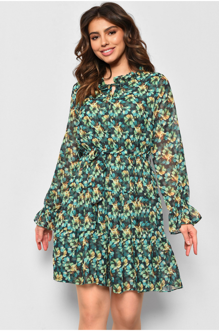 Платье женское шифоновое зеленого цвета с цветочным принтом 173910