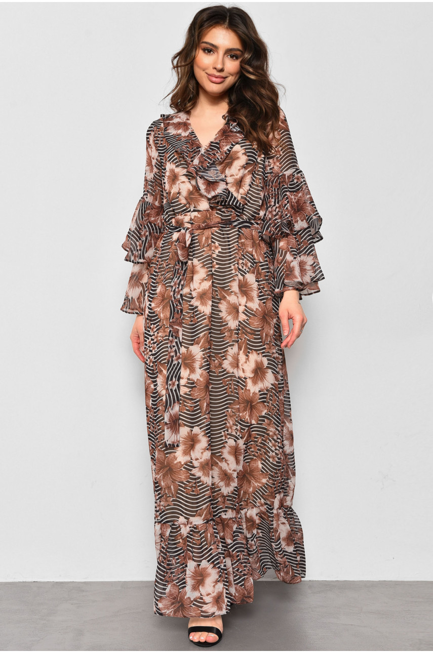 Платье женское шифоновое коричневого цвета с принтом 4007 174146