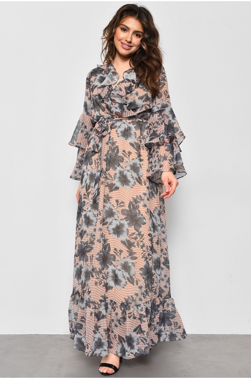 Сукня жіноча шифонова бежевого кольору з принтом 4007 174147