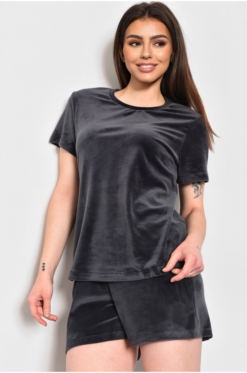 Піжама жіноча велюрова темно-сірого кольору 174372