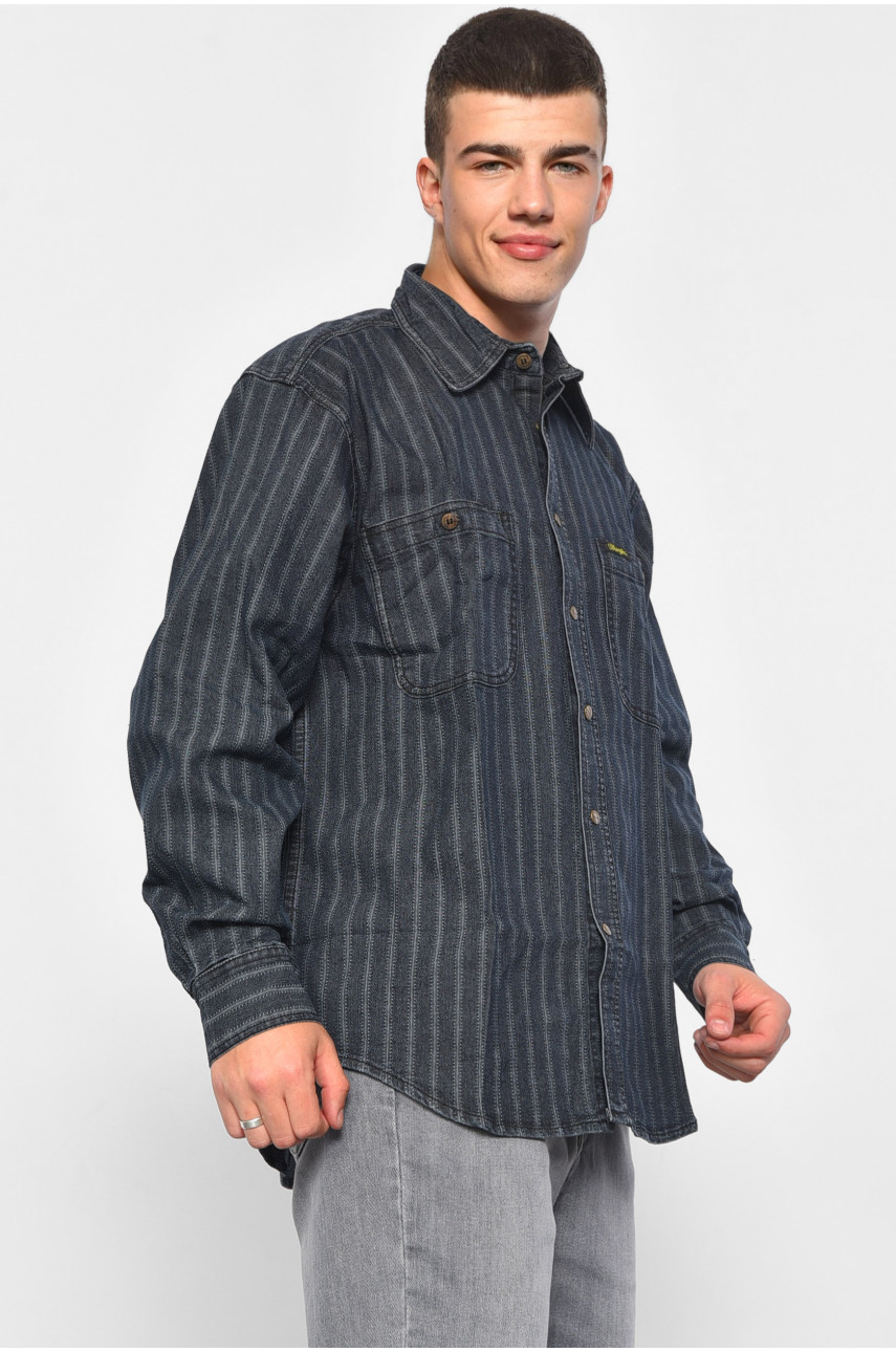 Рубашка мужская батальная джинсовая синего цвета в полоску 1209A 175269