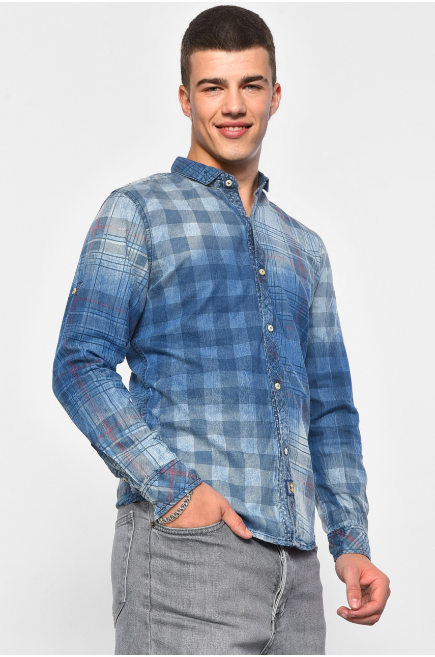 Рубашка мужская батальная джинсовая синего цвета в клеточку 083 175378