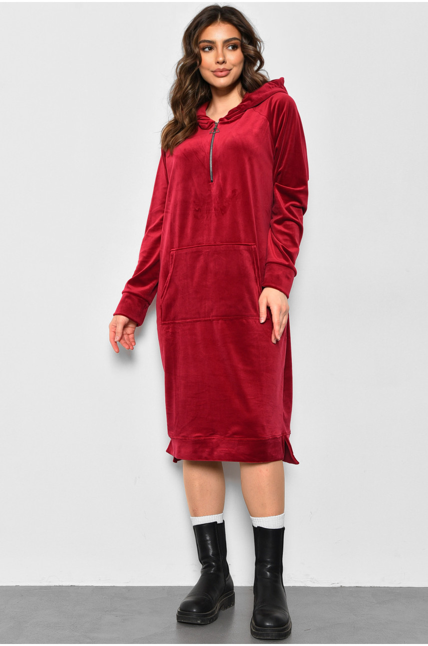 Платье-худи женское полубатальное велюровое темно-розового цвета 8426 175886