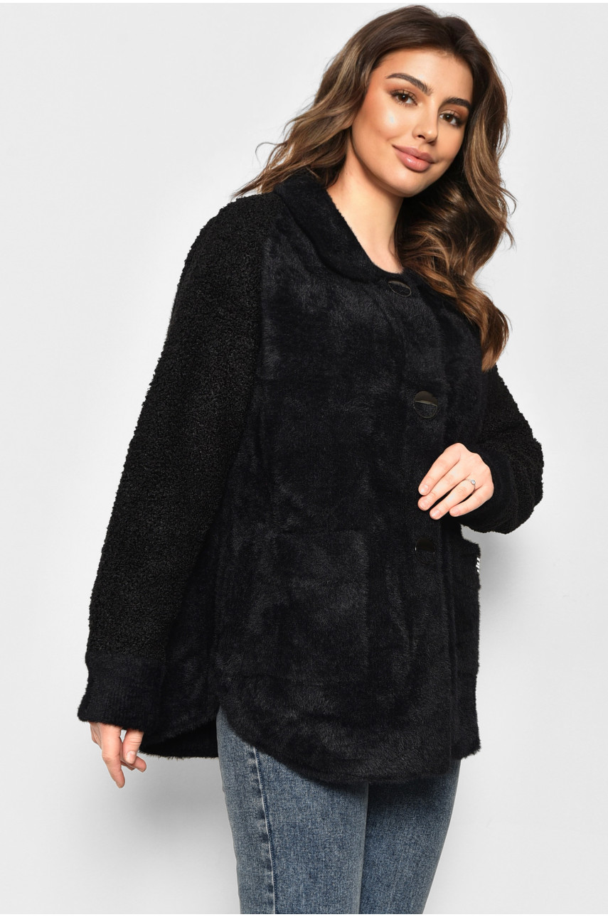 Пальто женское полубатальное из альпаки черного цвета 6631 175890