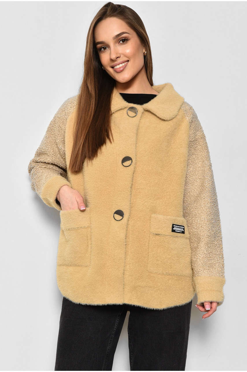 Пальто жіноче напівбатальне з альпаки світло-коричневого кольору 6631 175891