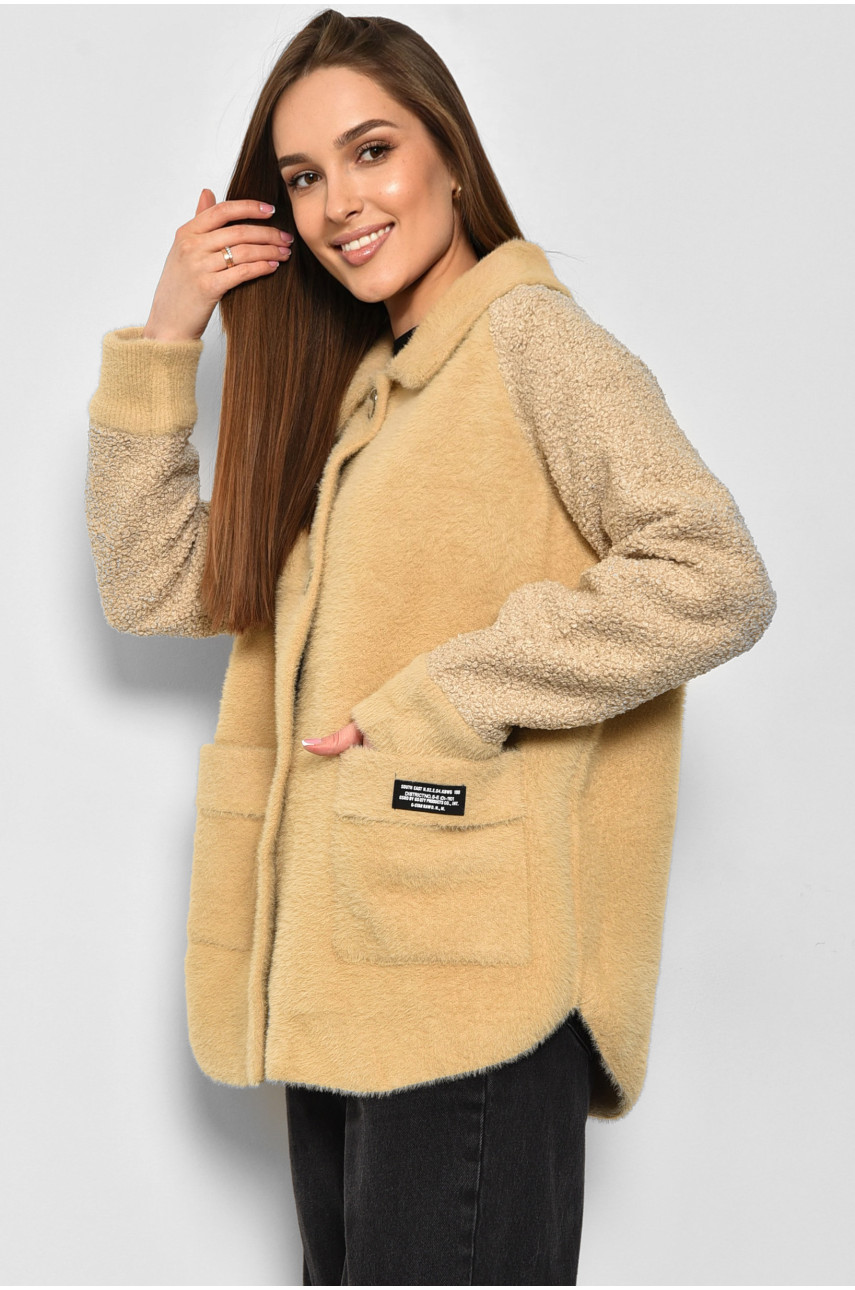 Пальто женское полубатальное из альпаки светло-коричневого цвета 6631 175891