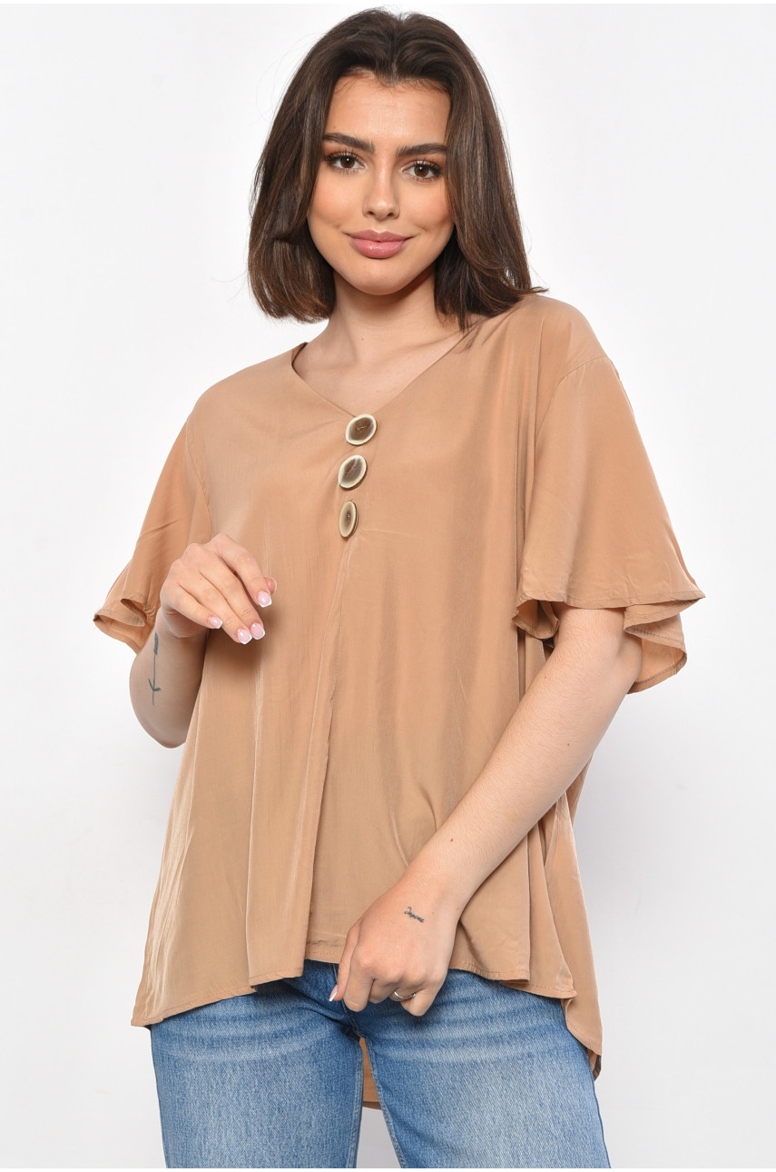 Блуза женская полубатальная с коротким рукавом бежевого цвета 6053 176206