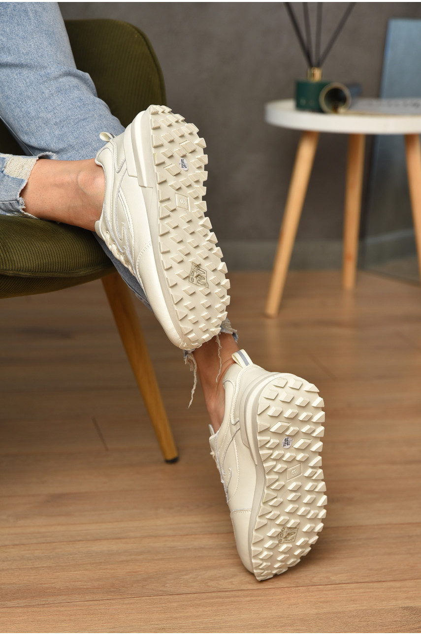 Кроссовки женские натуральная кожа молочного цвета на шнуровке 78-27 176436