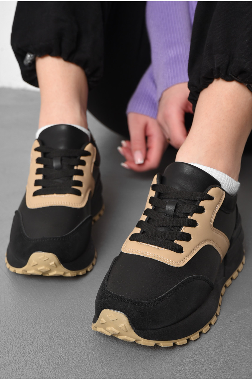 Кросівки жіночі чорно-бежевого кольору на шнурівці 542-120 176891