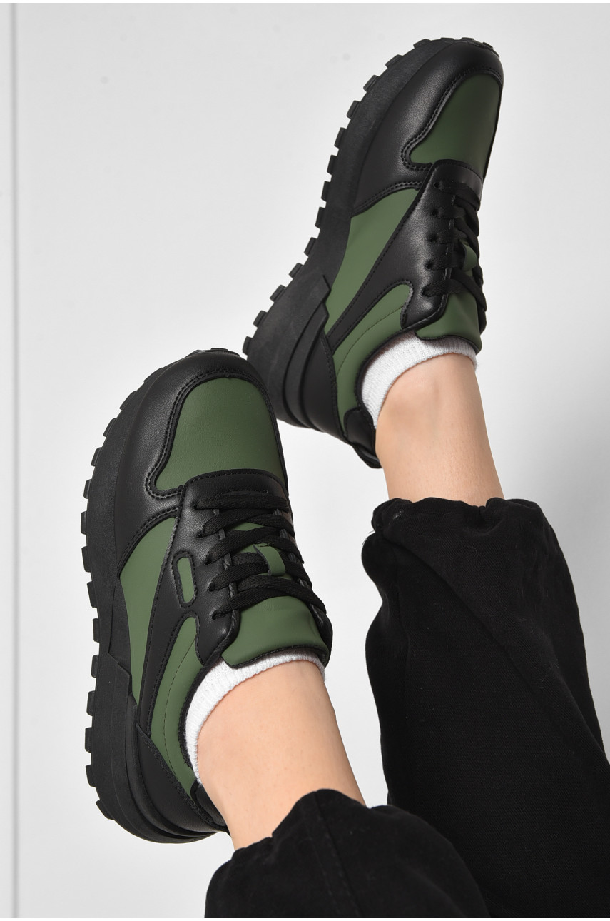 Кросівки жіночі чорно-зеленого кольору на шнурівці 542-111 176934