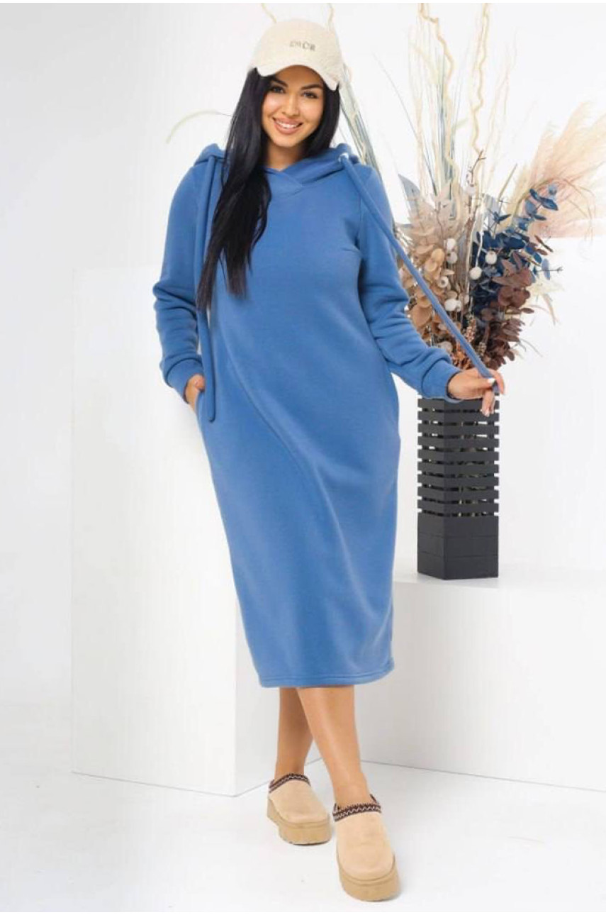 Платье-худи женское полубатальное на флисе синего цвета 5238 177067