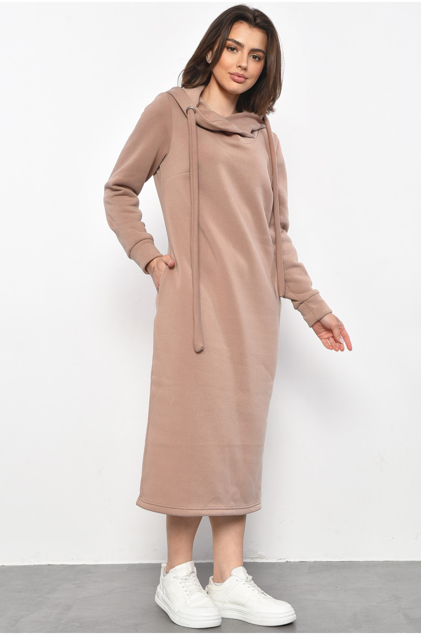 Платье-худи женское полубатальное на флисе светло-коричневого цвета 5238 177092