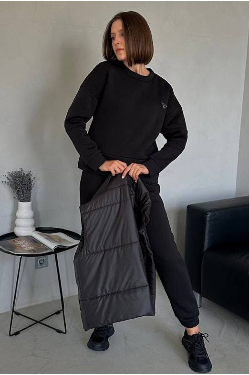 Спортивний костюм жіночий напівбатальний на флісі чорного кольору 5304 177219