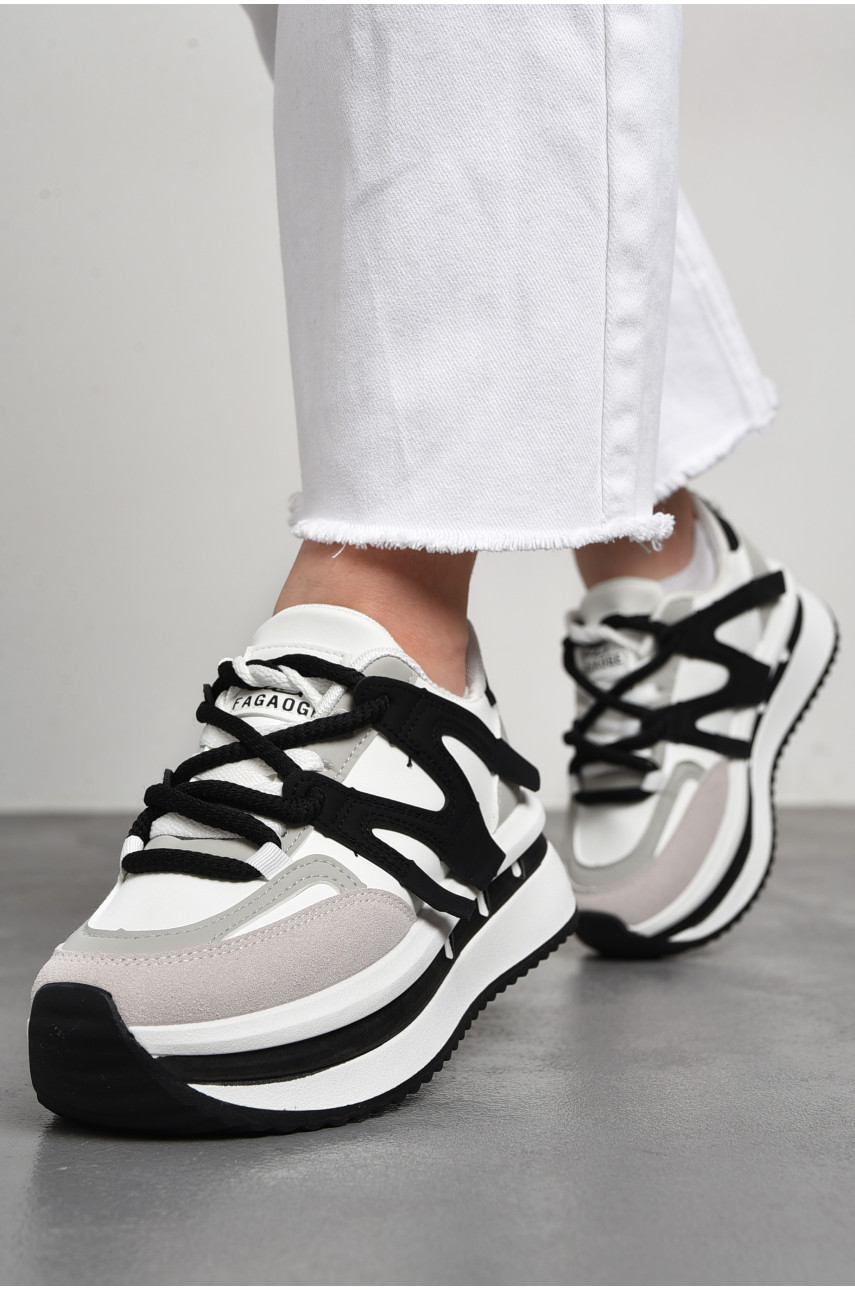Кросівки жіночі біло-чорного кольору на шнурівці 98-3 177489