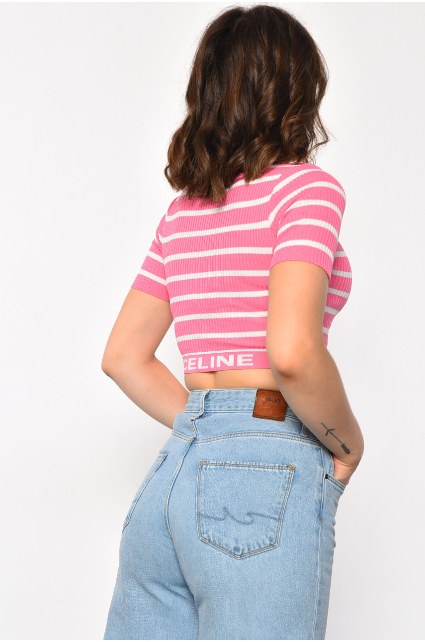 Футболка жіноча в рубчик рожевого кольору А16 180012 Футболка жіноча в рубчик рожевого кольору А16 180012