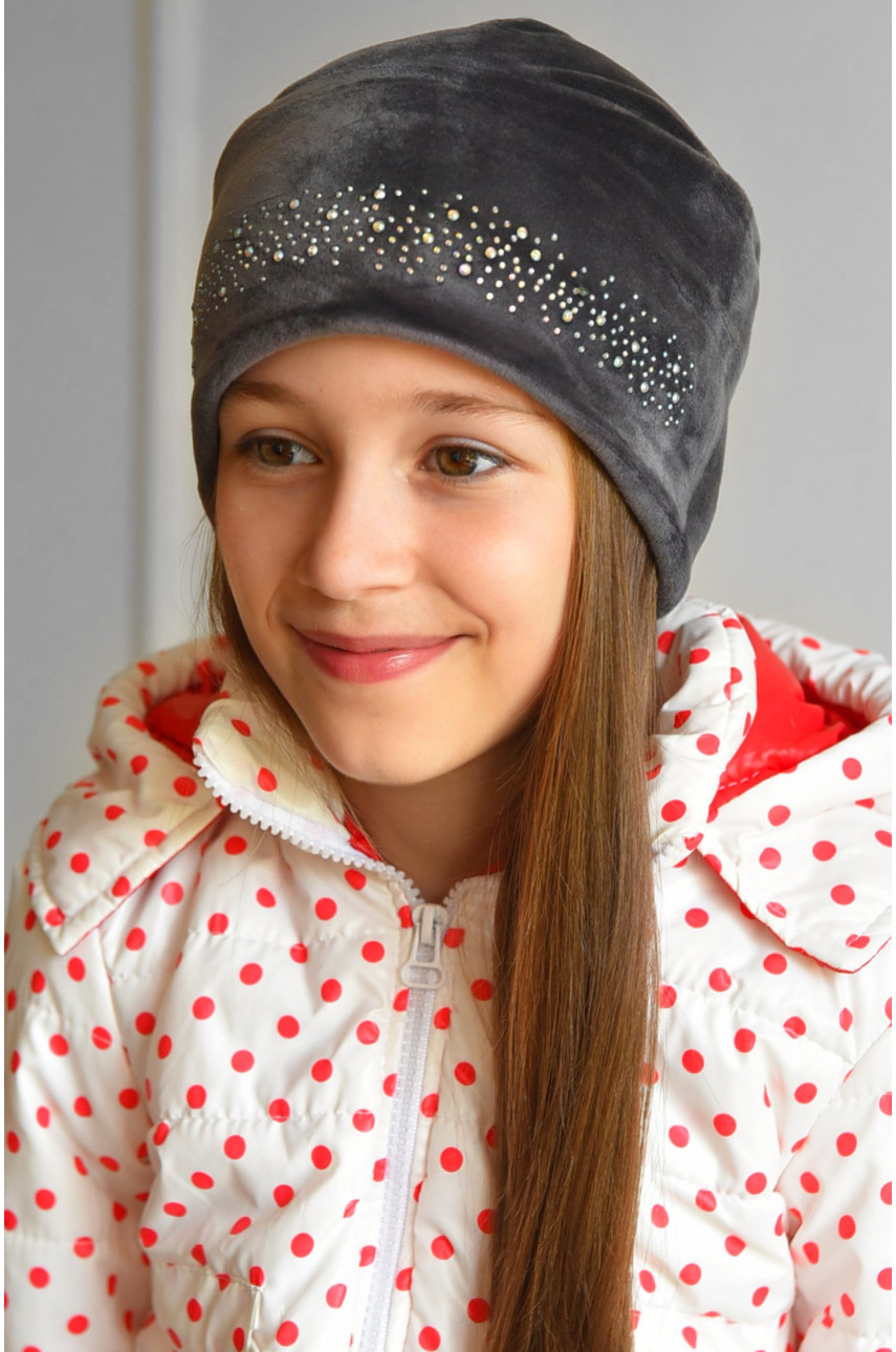 Шапка подростковая для девочки велюровая  серого цвета 196 182938