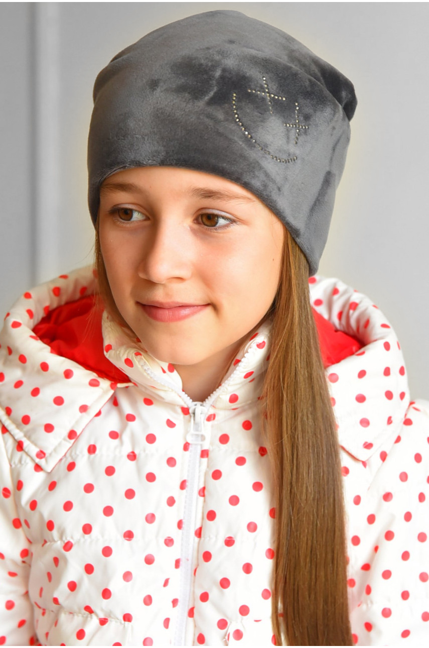 Шапка подростковая для девочки велюровая  серого цвета 197 182939