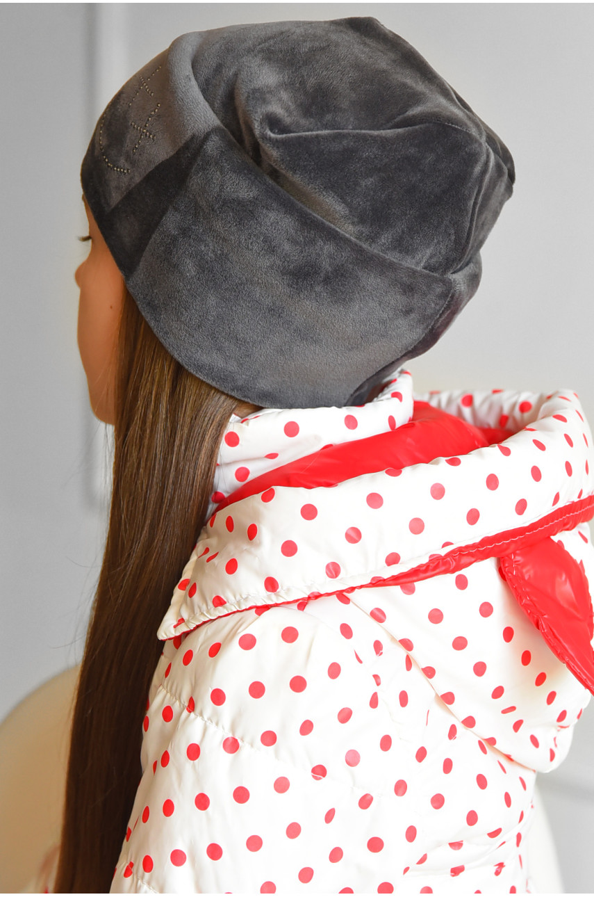 Шапка подростковая для девочки велюровая  серого цвета 197 182939