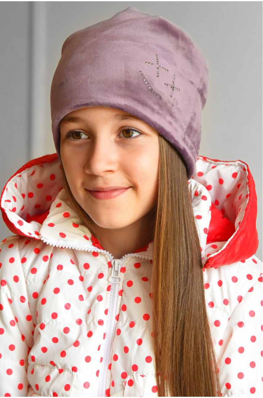 Шапка подростковая для девочки велюровая  сиреневого цвета 198 182940