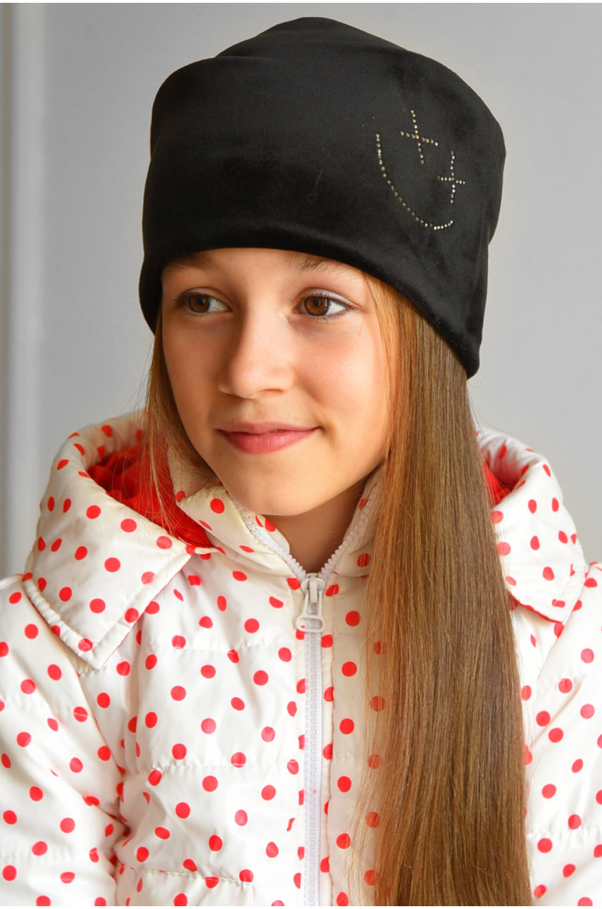 Шапка подростковая для девочки велюровая  черного цвета 199 182941