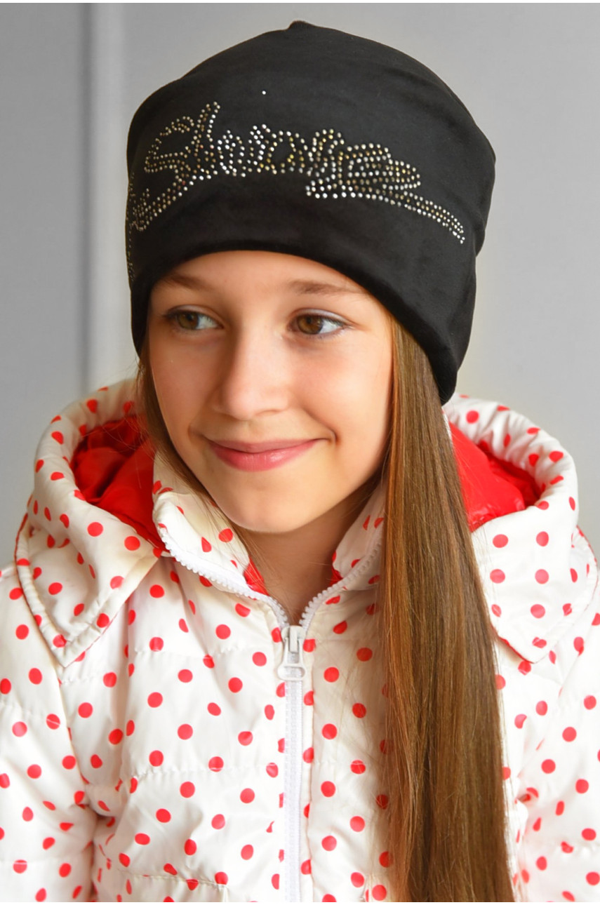 Шапка подростковая для девочки велюровая  черного цвета 201 182943