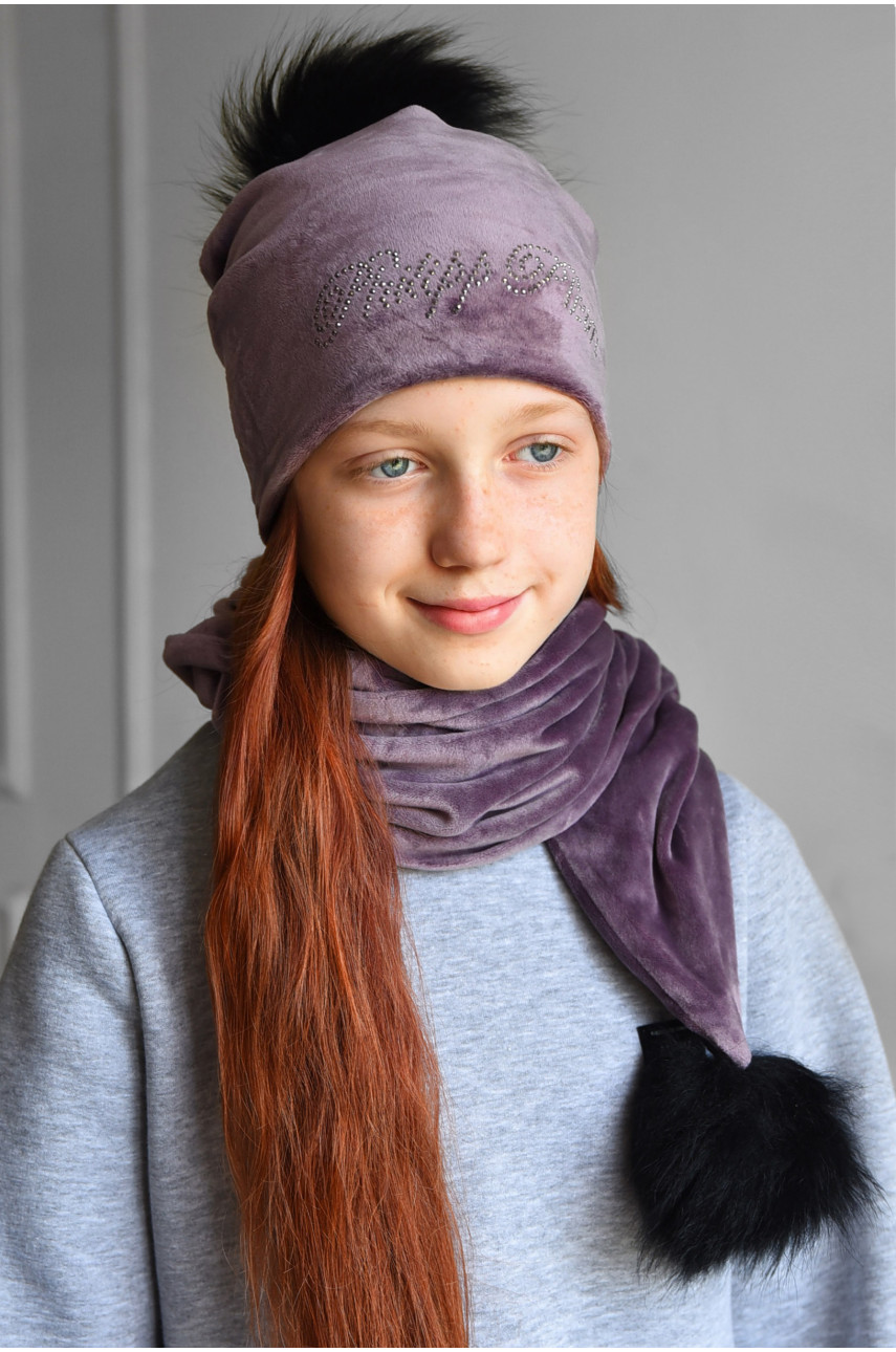 Набор шапка+шарф подростковый для девочки велюровый  сиреневого цвета 203 182945