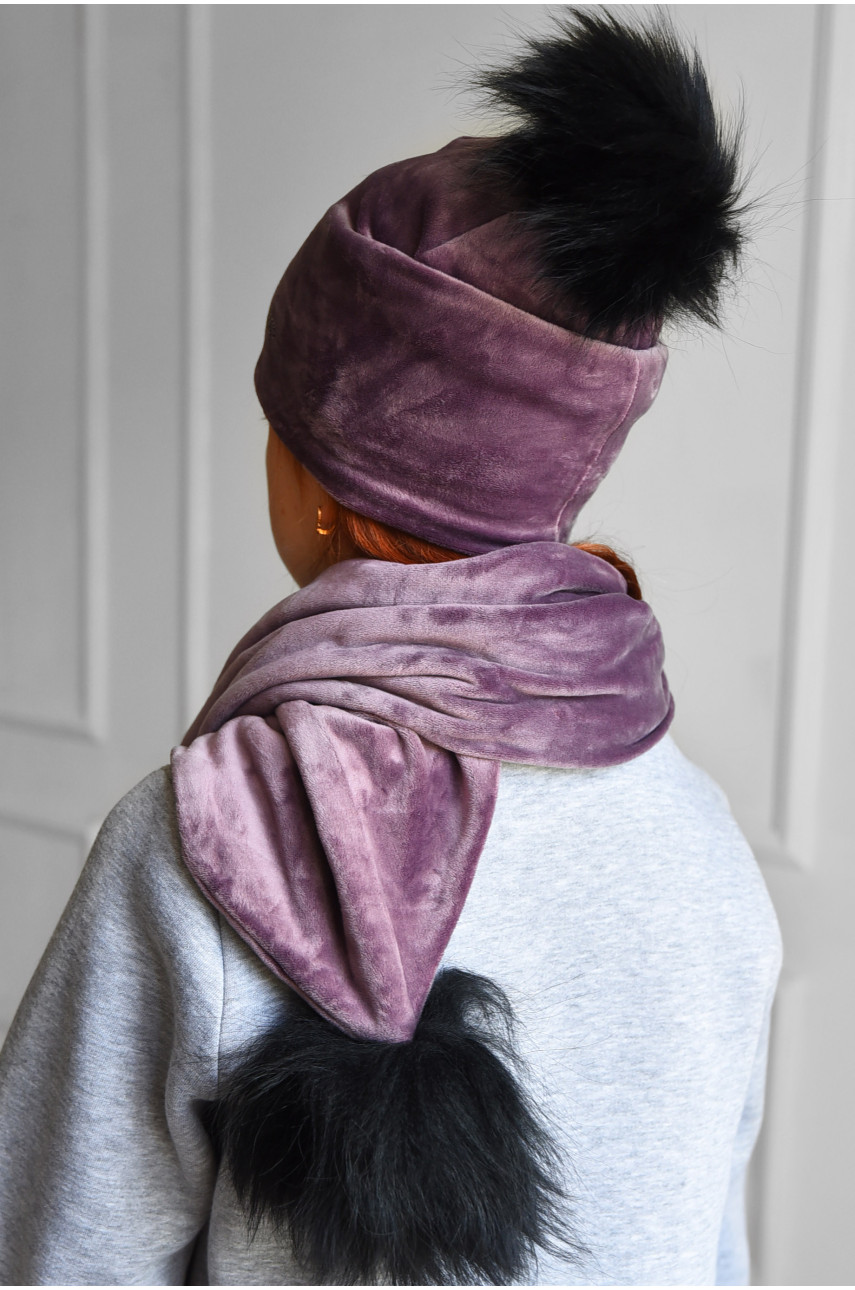 Набор шапка+шарф подростковый для девочки велюровый  сиреневого цвета 203 182945