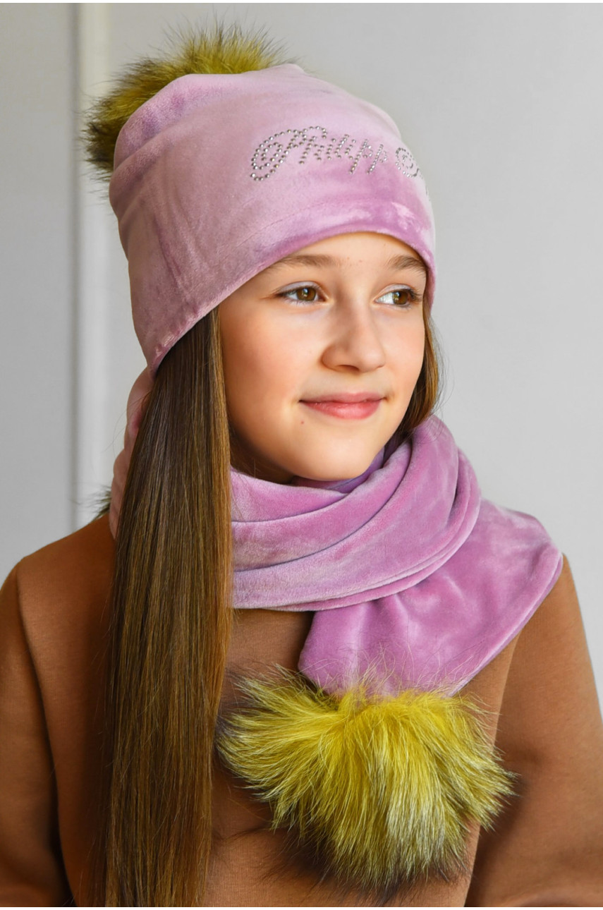 Набор шапка+шарф подростковый для девочки велюровый  розового цвета 205 182947