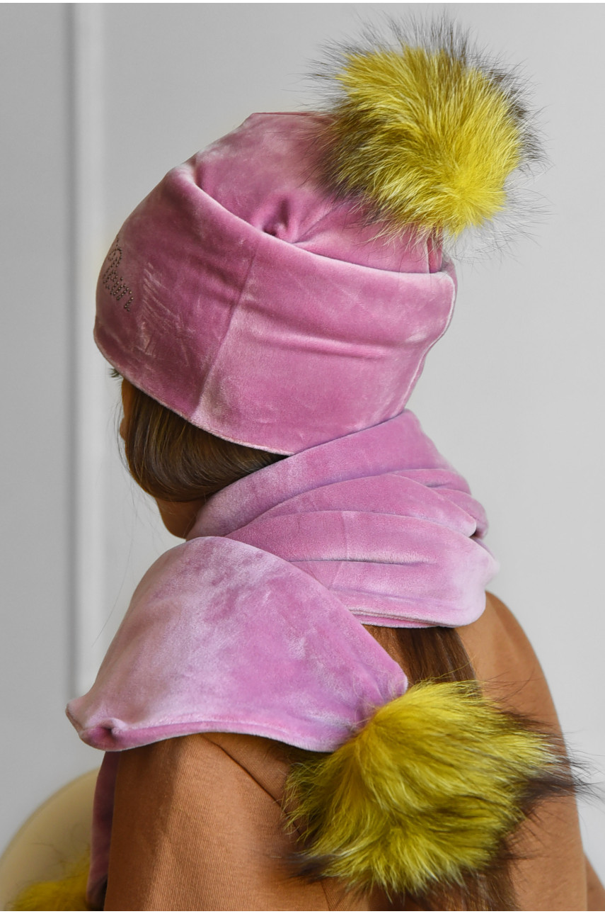 Набор шапка+шарф подростковый для девочки велюровый  розового цвета 205 182947