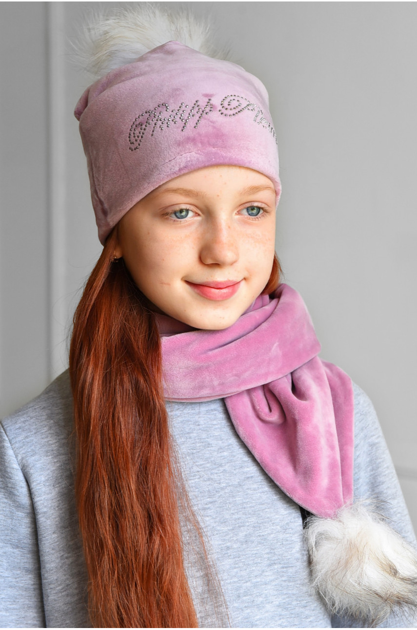Набор шапка+шарф подростковый для девочки велюровый  розового цвета 207 182949