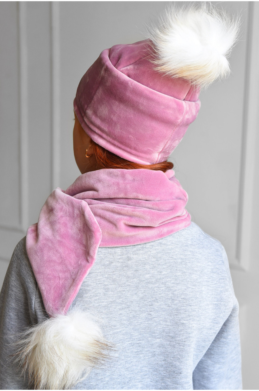 Набор шапка+шарф подростковый для девочки велюровый  розового цвета 207 182949