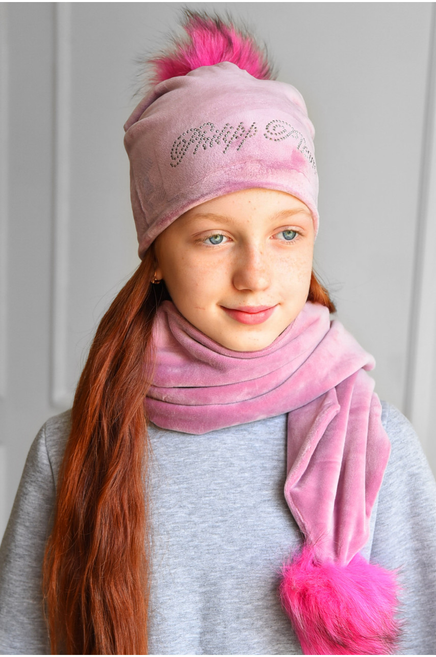 Набор шапка+шарф подростковый для девочки велюровый  розового цвета 208 182950