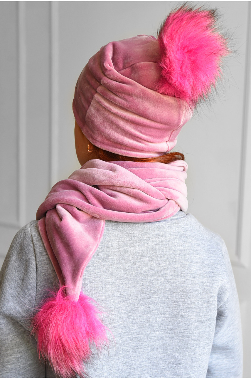 Набор шапка+шарф подростковый для девочки велюровый  розового цвета 208 182950