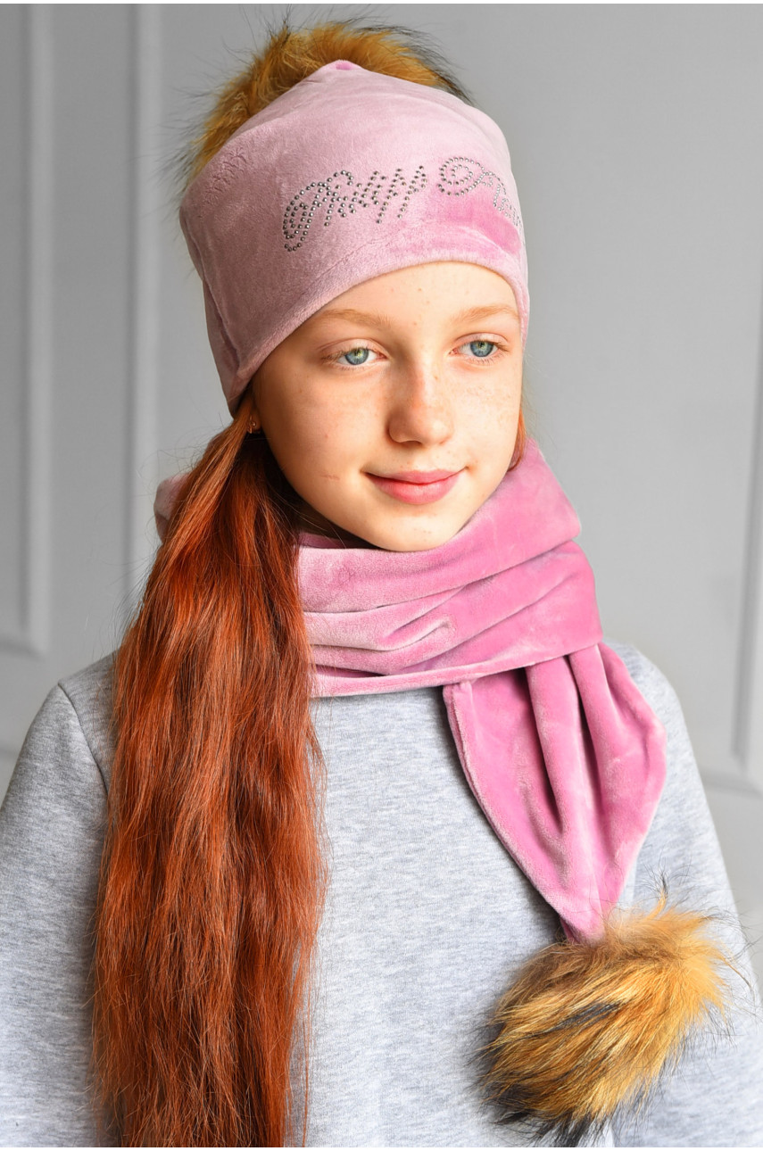 Набор шапка+шарф подростковый для девочки велюровый  розового цвета 210 182952